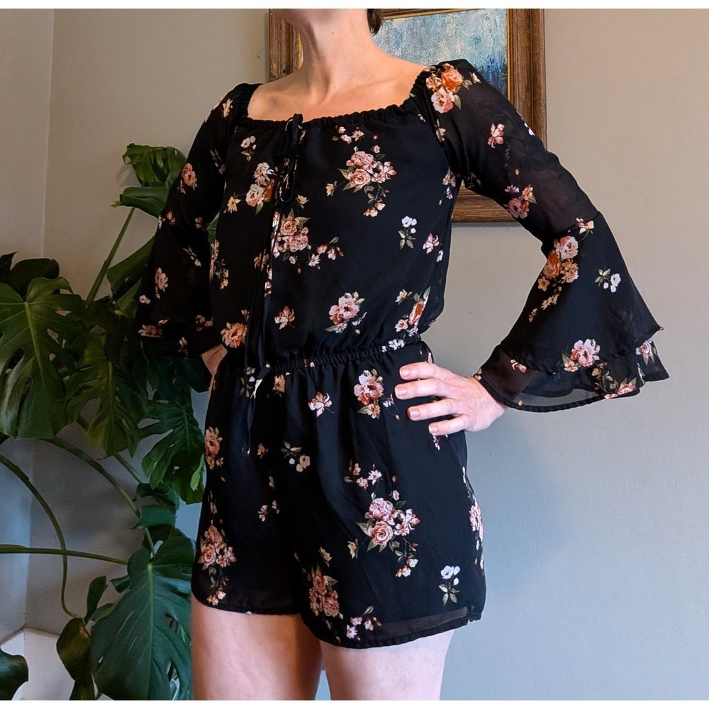 Rue 21 Jumper Romper One Piece Long Bell Sleeve Dark Floral Sm Whimsy Goth Fairy